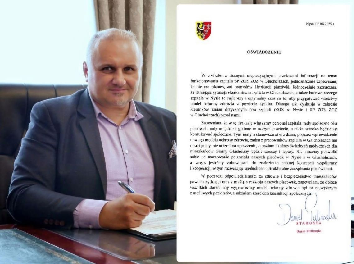 Szpital w Głuchołazach nie zostanie zlikwidowany – stanowcze oświadczenie starosty Daniela Palimąki